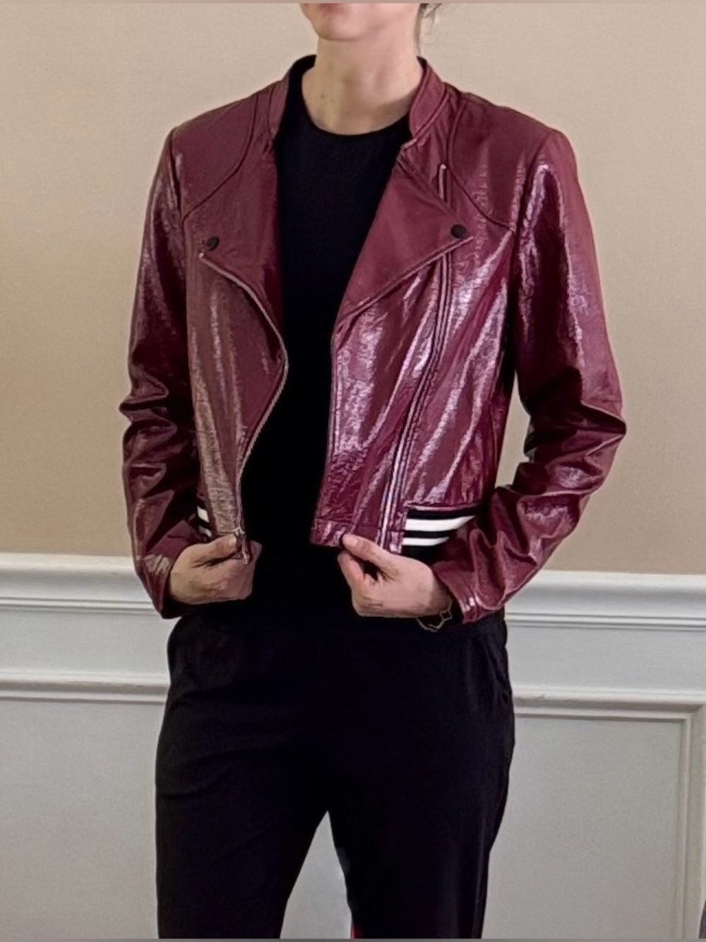 BCBGeneration Women's Glossy Burgundy Jacket, Stripped trim- M